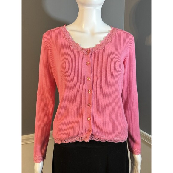 Vintage Y2K Lace  Knit Cardigan Henley Barbie Pink Coquette Romantic Fairy SZ P - Picture 1 of 15